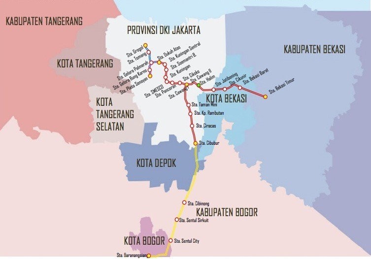 Planned routes of the light rail transit (LRT) system being built by state-owned contractor PT Adhi Karya and the central government. (Courtesty of PT Adhi Karya/File/File)