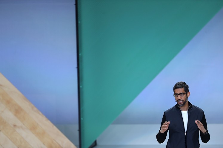  Google CEO Sundar Pichai delivers the keynote address at the Google I/O 2017 Conference at Shoreline Amphitheater on May 17, 2017 in Mountain View, California. The three-day conference will highlight innovations including Google Assistant.