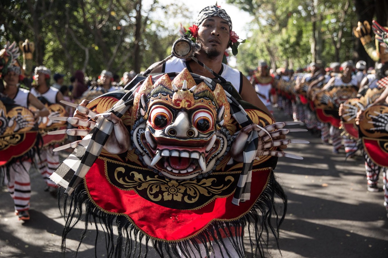 Balinese artists perform the Okokan dance during the opening of the 39th Bali Art Festival at the Bajra Sandhi Monument in Denpasar. Image: JP/Agung Parameswara