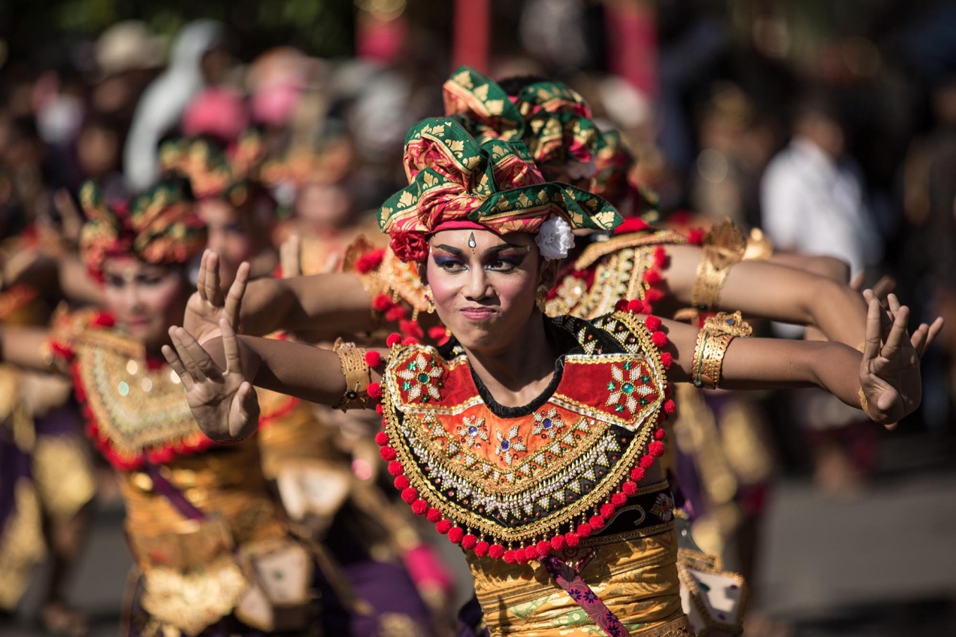 Balinese artists perform during the opening of the 39th Bali Art Festival at the Bajra Sandhi Monument in Denpasar. Image: JP/Agung Parameswara