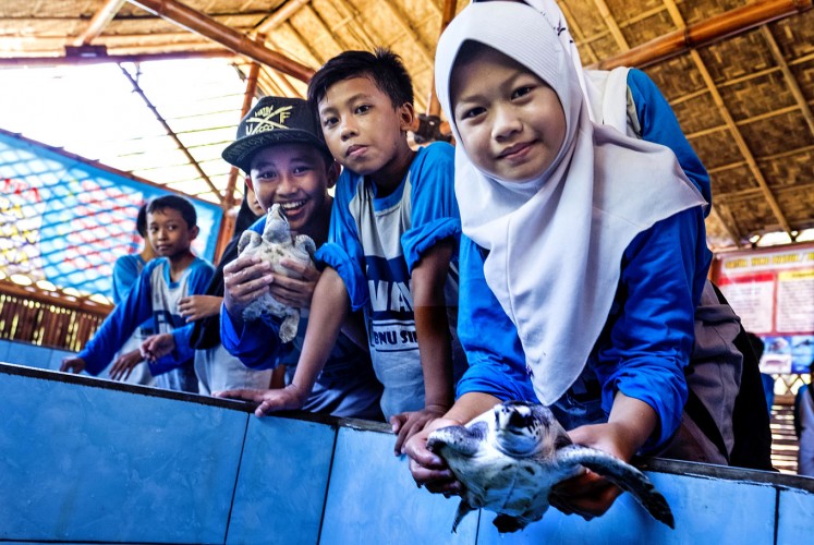 Save the turtles: School children at the Pantai Cemara conservation project.