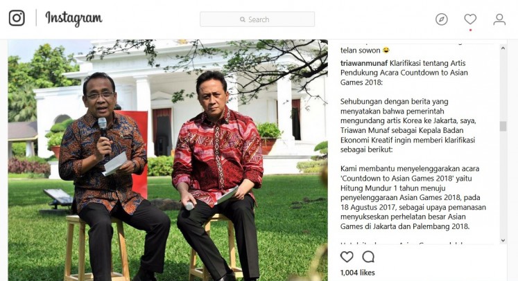 Creative Economy Agency (Bekraf) head Triawan Munaf (right) gives this statement on his official Instagram account.