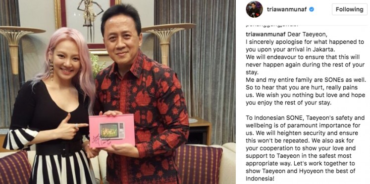 Head of Creative Economy Agency, Triawan Munaf offered his apology to SNSD member, Taeyon via his personal Instagram account.