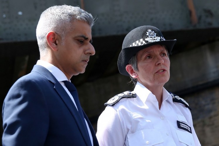 Mayor of London Sadiq Khan, (left) and Metropolitan Police Commissioner Cressida Dick give a statement to the media near the scene of an attack in the Finsbury Park area of north London following a vehicle attack on pedestrians, on June 19, 2017. 