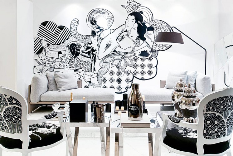 Black-and-white: Interior designer Eko Priharseno’s mural for a Bravacasa exhibition.