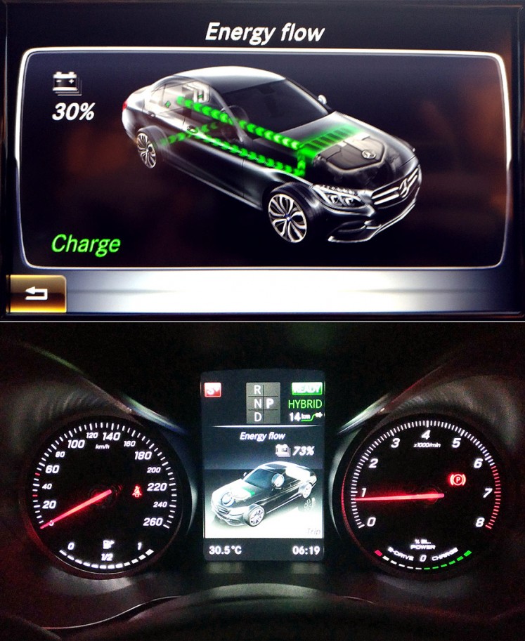 Monitoring: The dashboard of the C350e Plug-In Hybrid features complex information panels.