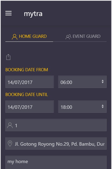 The booking page of Mytra.id app