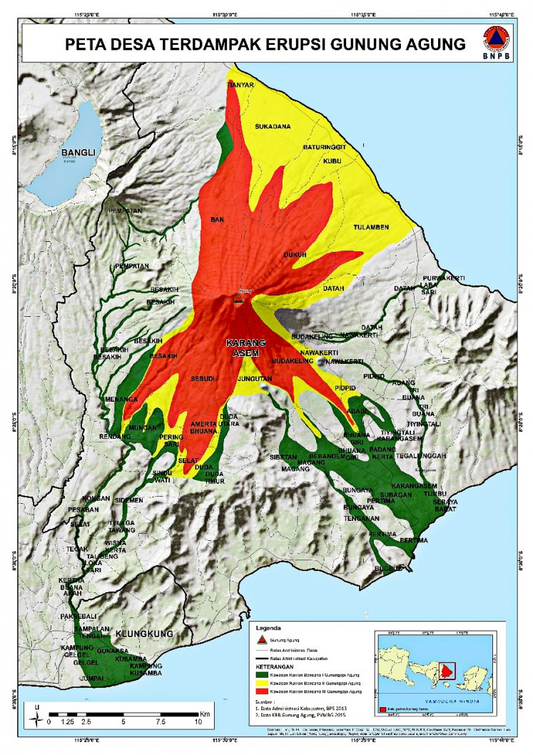 Stay alert: The National Disaster Mitigation Agency (BNPB) has released a map, which shows areas around Mount Agung, Bali, that have been closed to the public as a result of volcanic activity. 