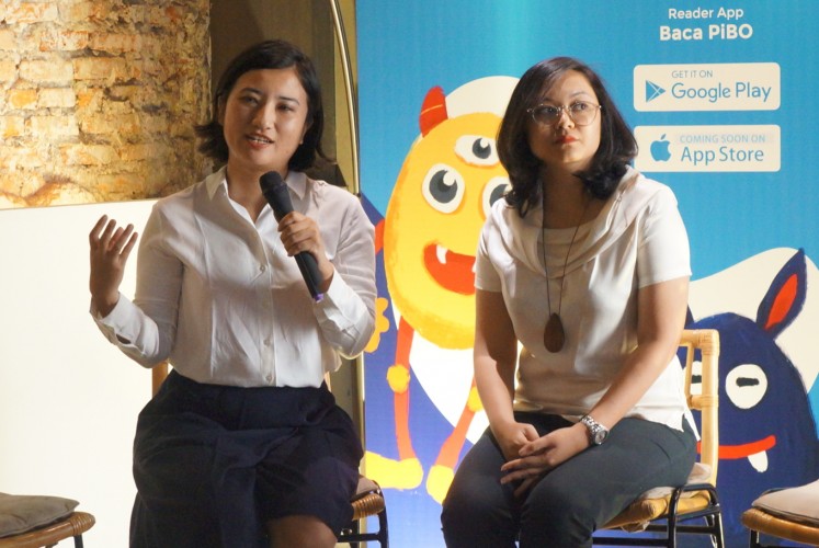 (from left to right) Founder of PiBo Mayumi Haryoto and co-founder of PiBo Aisha Habir during the official launching of online bookstore and e-reader app for children PiBo on Wednesday, Sept. 20, 2017 at Kopi Kalyan in South Jakarta.
