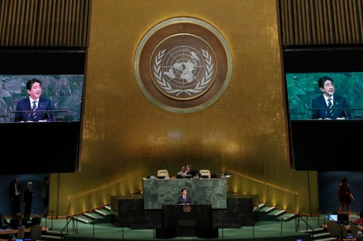 Shinzo Abe, Prime Minister of Japan, addresses the United Nations General Assembly at UN headquarters, Sept. 20, 2017 in New York City. 