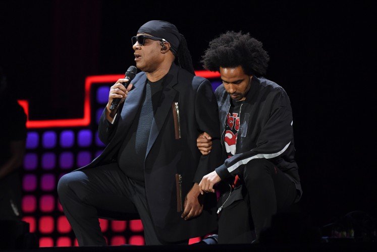 Stevie Wonder and his son Kwame Morris onstage during the 2017 Global Citizen Festival in Central Park to End Extreme Poverty by 2030 at Central Park on September 23, 2017 in New York City. 