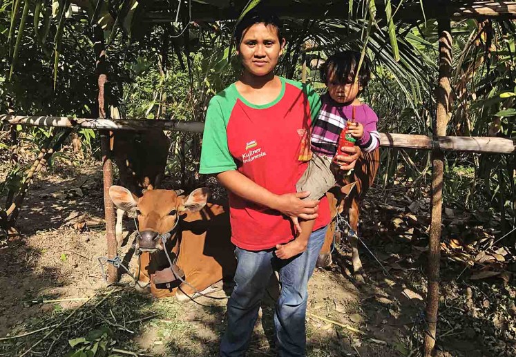 Ketut Dani, 25 and her daughter, Kadek Desy, 2, pose before their cows at the livestock shelter set up by Banjar Lebah community in Klungkung. Dani and her family left their home village Sebudi after Mt. Agung's alert status raised to the top level.