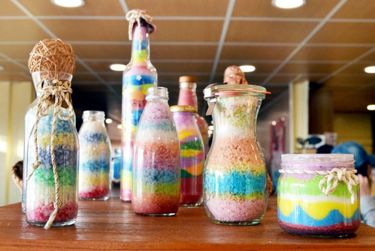 Bottled rainbow: Colorful salt products from Jingzaijiao Tile-paved Salt Fields.