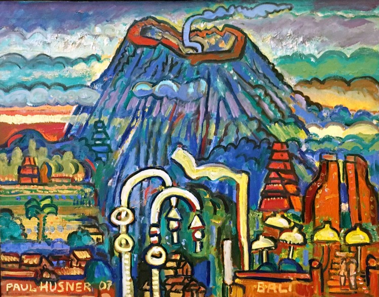 Colorful: View at the Volcano from Sidemen's Red Temples by Swiss-born artist Paul Husner. Mt. Agung is a recurring visual element in his works.