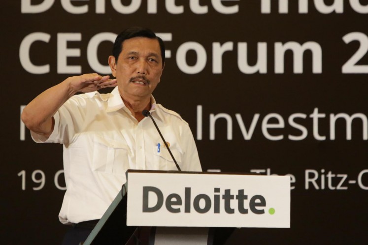 Coordinating Maritime Affairs Minister Luhut Pandjaitan speaks during a CEO Forum on Oct. 19, 2017 in this file photo.
