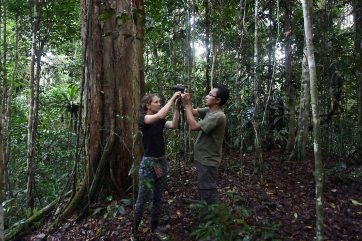 This photo taken on August 23, 2017 shows bird guide Charles Roring (R) helping a bird watcher to set up equipment to search for birds-of-paradise, known locally as cendrawasih birds, in Sorong's Malagufuk village.
