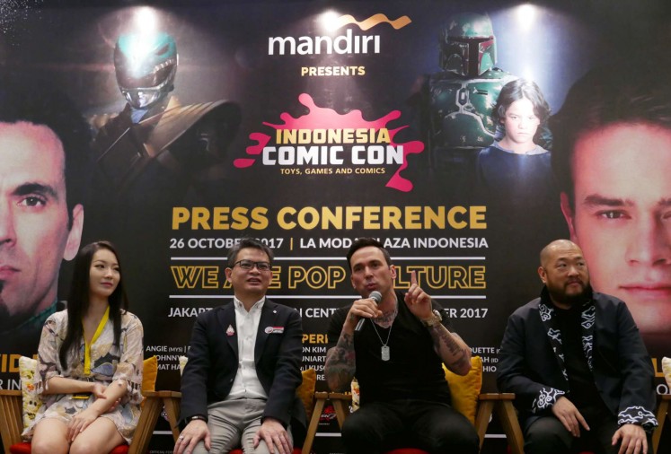 South Korean cosplayer Pion Kim (from left to right), country general manager of Reed Panorama Exhibition James Boey, actor Jason David Frank and Asian-American artist-designer Bernard Chang during the Indonesia Comic Con 2017 press conference on Thursday at La Moda, Plaza Indonesia. 