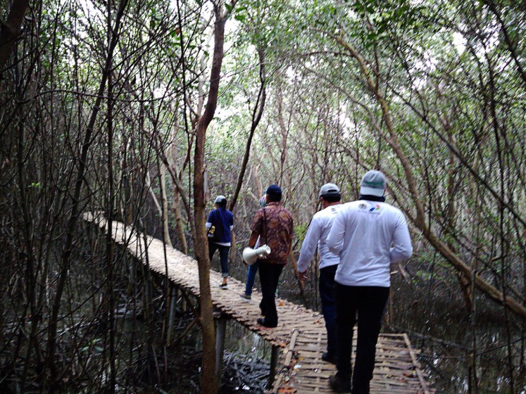 Protecting the ecosystem: Researchers from the Environment and Forestry Ministry pass through the Karangsong mangrove forest in Indramayu, West Java, on Oct.28.