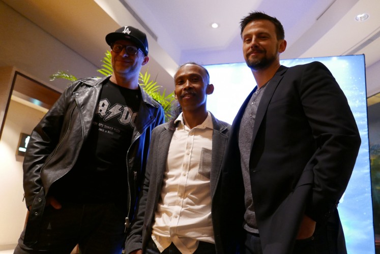 Producer Matthew Chausse (left), actor Yayan Ruhian (center) and director Liam O'Donnell during a press conference for 