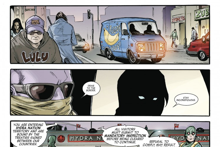 Local snacks go global: Illustration of Pisgor Asoy on a blue car in a scene from Secret Empire: Untitled.