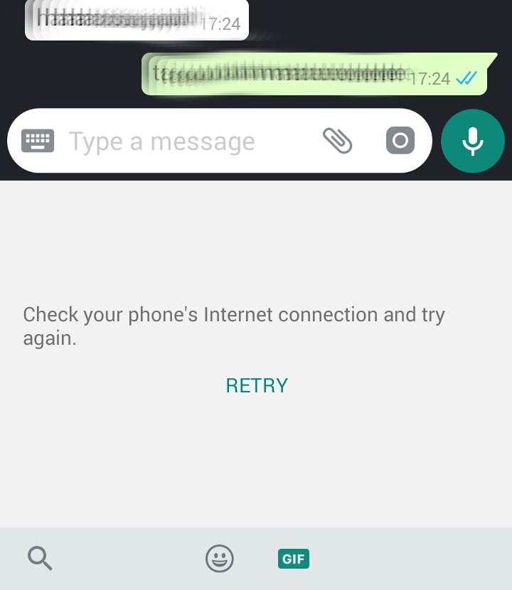 WhatsApp returns an error message when trying to access its GIF feature on a smartphone.