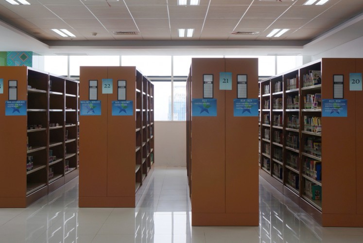 Some of the bookshelves on the 22nd floor of the National Library of Indonesia. 