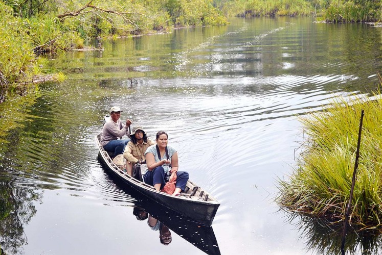 Row, row, row your boat: A local guide gives tourists a boat tour of interesting spots around the lake.