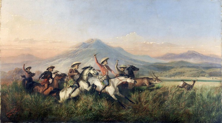 Six Horsemen Chasing Deer ( 1860 ) by Raden Saleh