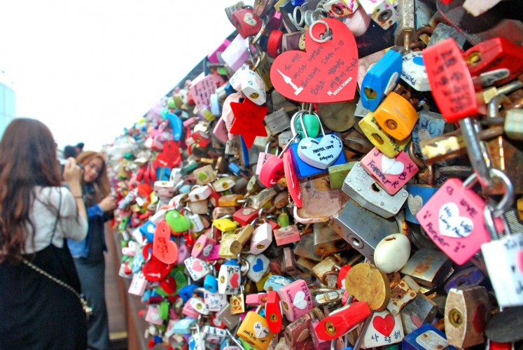 Love locks: People put padlocks onto a fence at the N Seoul Tower, or Namsan Tower, an observation tower in Namsan Mountain, Central Seoul.