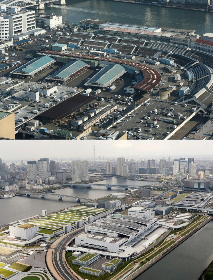 This file combination of pictures created on June 20, 2017 shows an aerial view of Tsukiji fish market in Tokyo on January 13, 2016 (top) and an aerial view of the newly built Toyosu fish market in Tokyo on May 27, 2017. Tokyo's famed Tsukiji fish market will move to a new site on October 11, 2018, the capital's governor said on December 20, 2017, ending years of delays marked by scandals and emotional divisions among fishmongers.