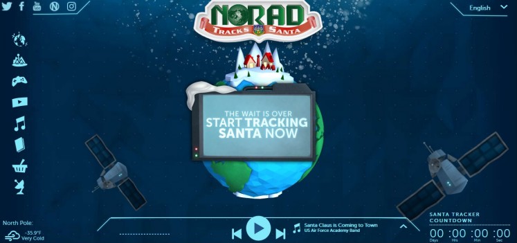 The homepage of a 3-D, interactive website NORAD Tracks Santa. 