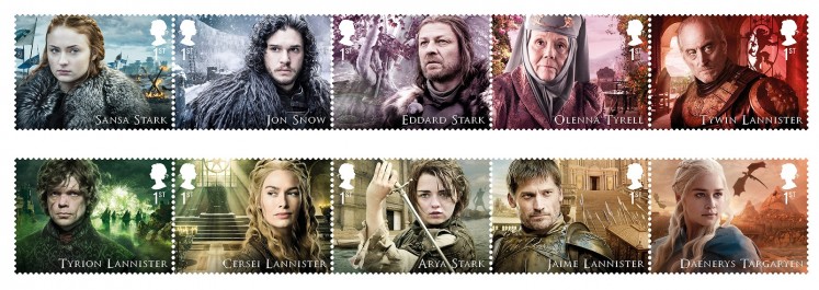 A handout picture released on January 4, 2018 shows characters of the hit US show Game of Thrones on a new collection of stamps to be released by the Royal Mail. 