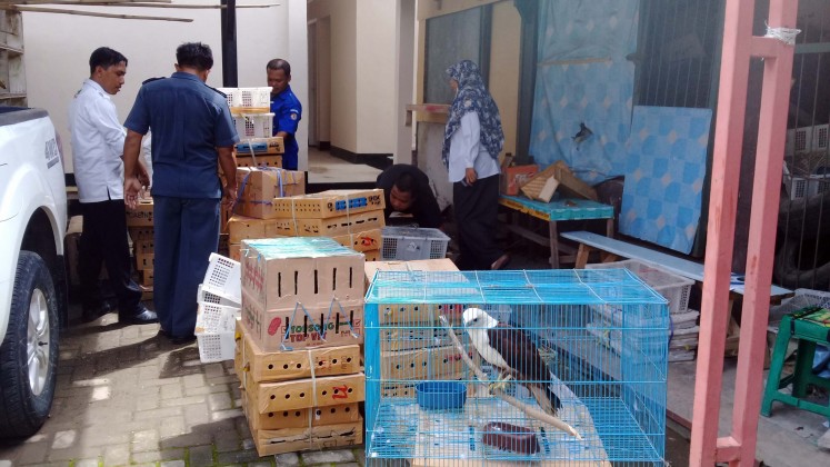 Personnel at the West Nusa Tenggara Natural Resources Conservation Agency (BKSDA) list the 1,711 wild birds confiscated during a foiled smuggling attempt at the agency's office in Mataram on Wednesday, Jan. 17, 2017.