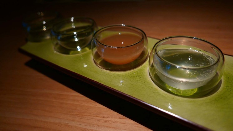 Sake flight allows customers to sample the variety of sake. 