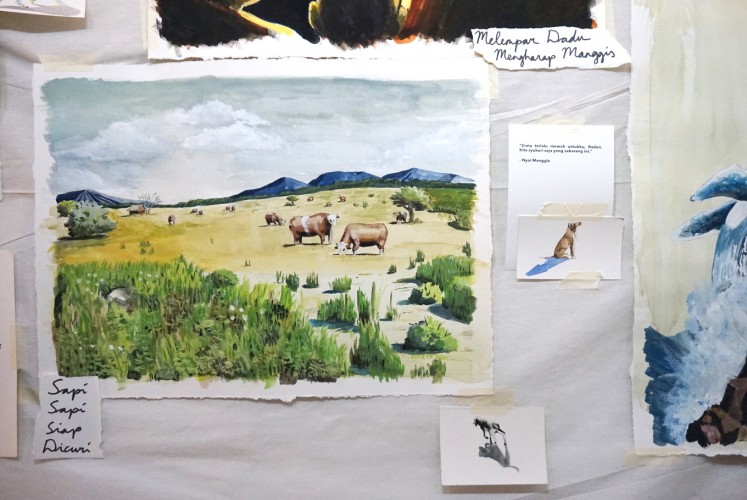 Some of the artworks displayed in the 'Lakon Sungu Lembu' painting exhibition.