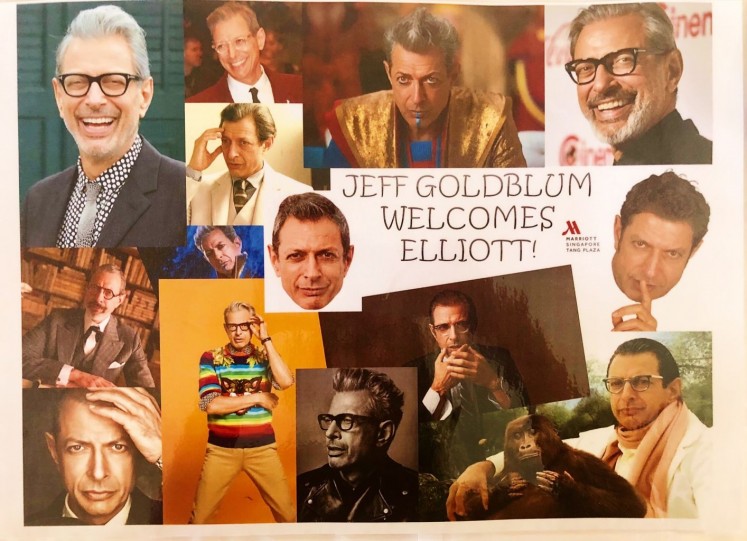 A collage of Jeff Goldblum photos welcomed the guest upon his arrival at the hotel.