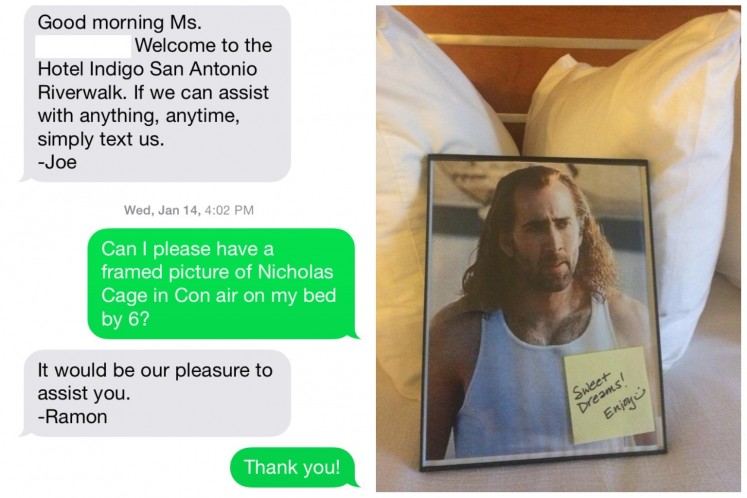 A guest at Hotel Indigo: San Antonio-Riverwalk in Texas made a similar request, asking for a photo of Nicolas Cage in her room. 