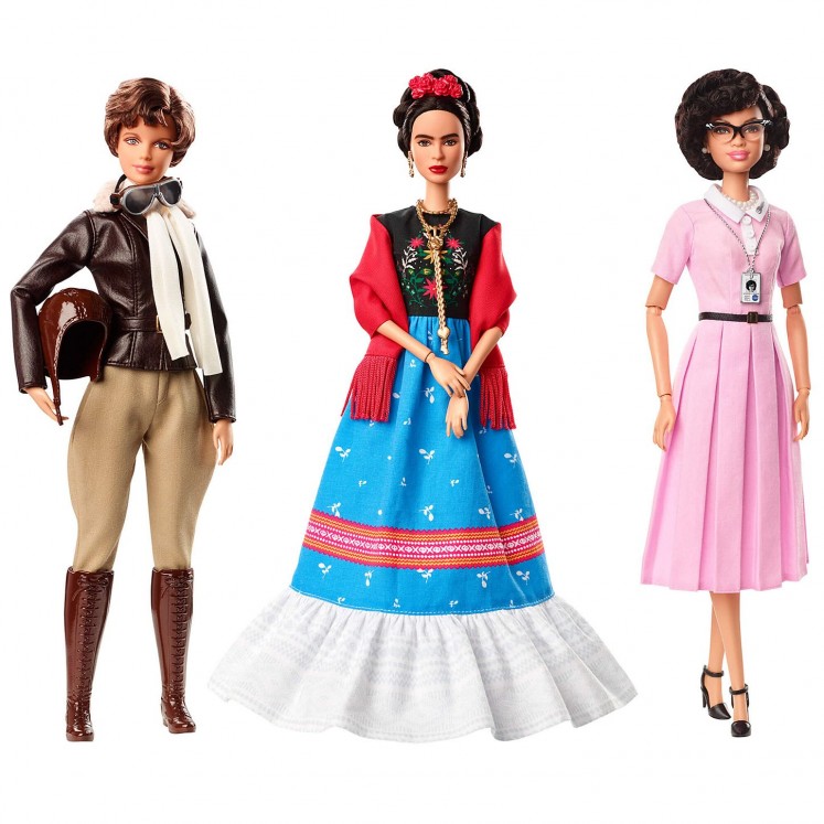 The first three dolls from Barbie's newly introduced Inspiring Women doll line series are Amelia Earhart, Frida Kahlo, and Katherine Johnson.