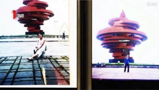 The couple from Chengdu found out that they had both visited the May Fourth Square in the seaside city of Qingdao at the exact same moment in July 2000. Photo is screengrabbed from MIAOPAI.