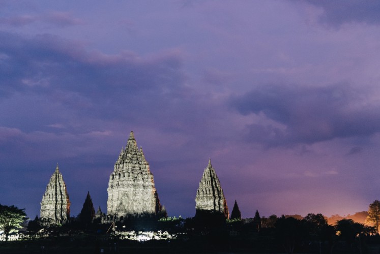 Prambanan Temple complex in the evening as seen from the Rama Shinta Garden Resto. 