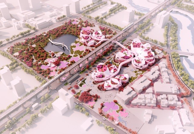 The museum’s main building will be made from pink-hued aluminum and composed of interconnected structures shaped like the petals of peach blossoms. 
