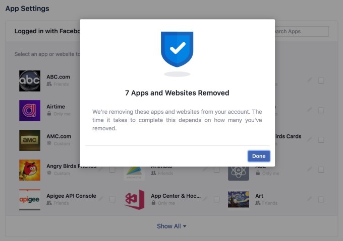 Confirmation from Facebook that apps and websites have been removed.