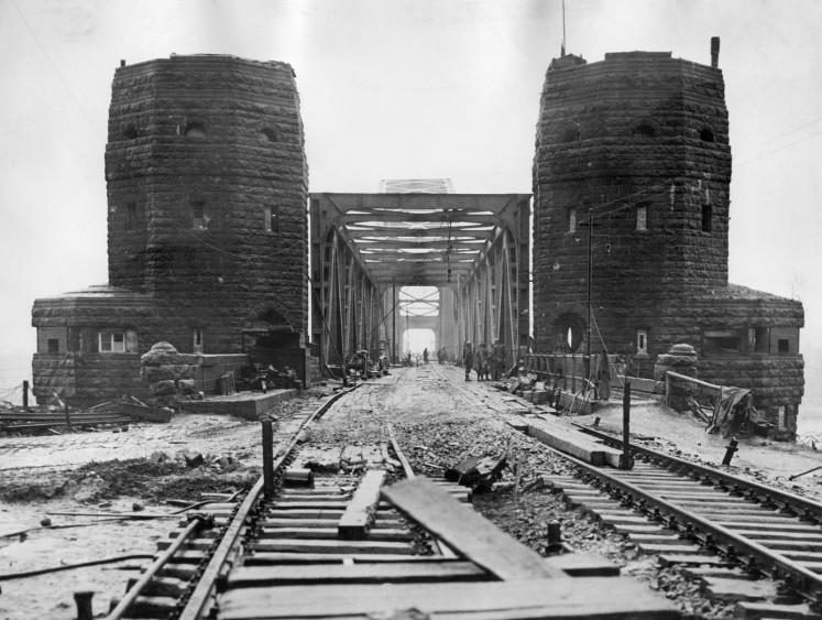 The railway bridge over the Rhine at Remagen is seen after it was captured intact by the 9th US Armoued Division, 1rst Army on March 10, 1945 by the end of World War II.