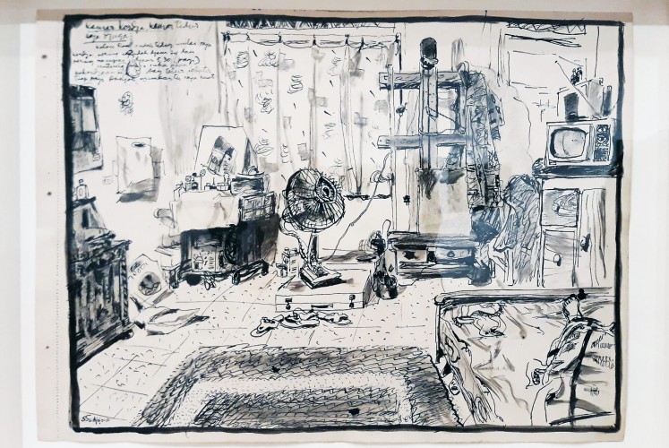 Up close: In this drawing, Sudjojono writes “his workroom is also his bedroom”. 