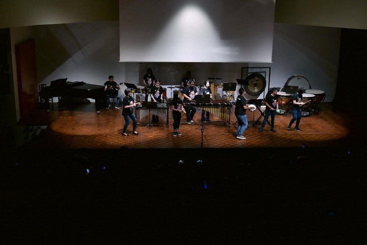 Amadeus Percussion Ensemble (AMPERE) from Amadeus Indonesia Music Institute perform at 'We Got Rhythm' brass, woodwind and percussion concert at Goethe Haus, Central Jakarta on Thursday, May 17, 2018.
