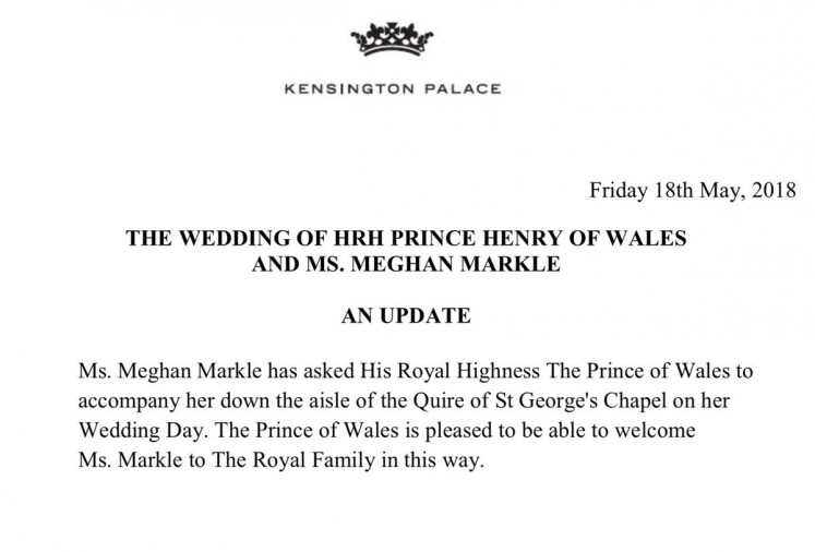 Kensington Palace said that The Prince of Wales is pleased to be able to welcome Ms. Markle to The Royal Family in this way.