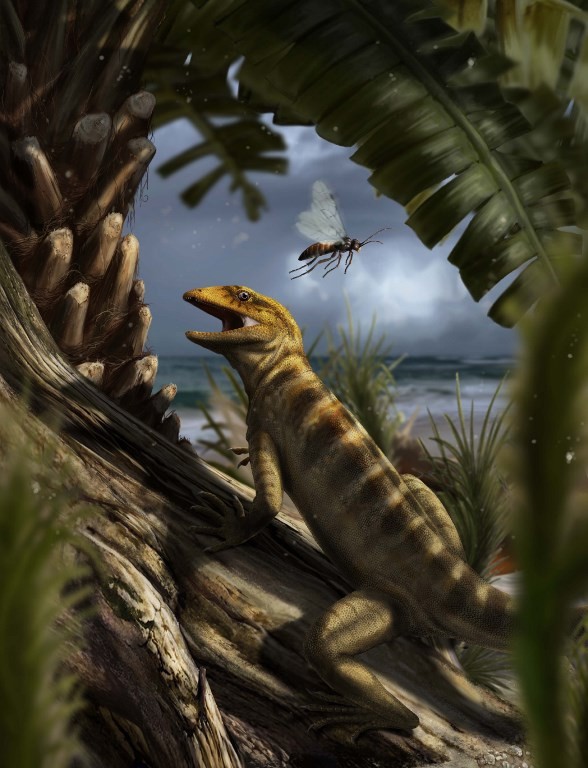 This handout picture received via the Nature website on May 28, 2018 shows a life scene in the Dolomites region, Northern Italy, about 240 million years ago, with Megachirella wachtleri walking through the vegetation.