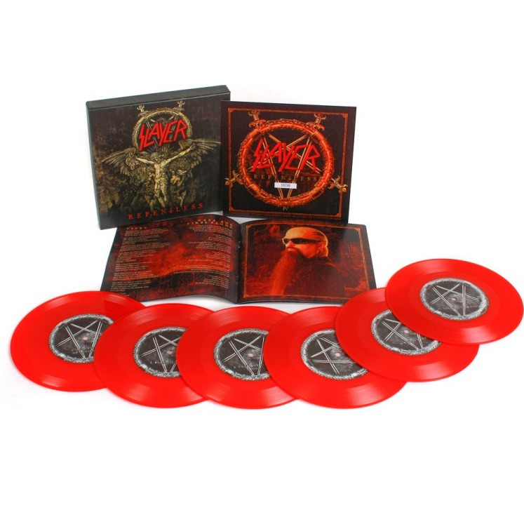 A box set of Slayer album ‘Repentless’ containing 6.6-inch red vinyl disks is available today to celebrate the so-called International Slayer Day.