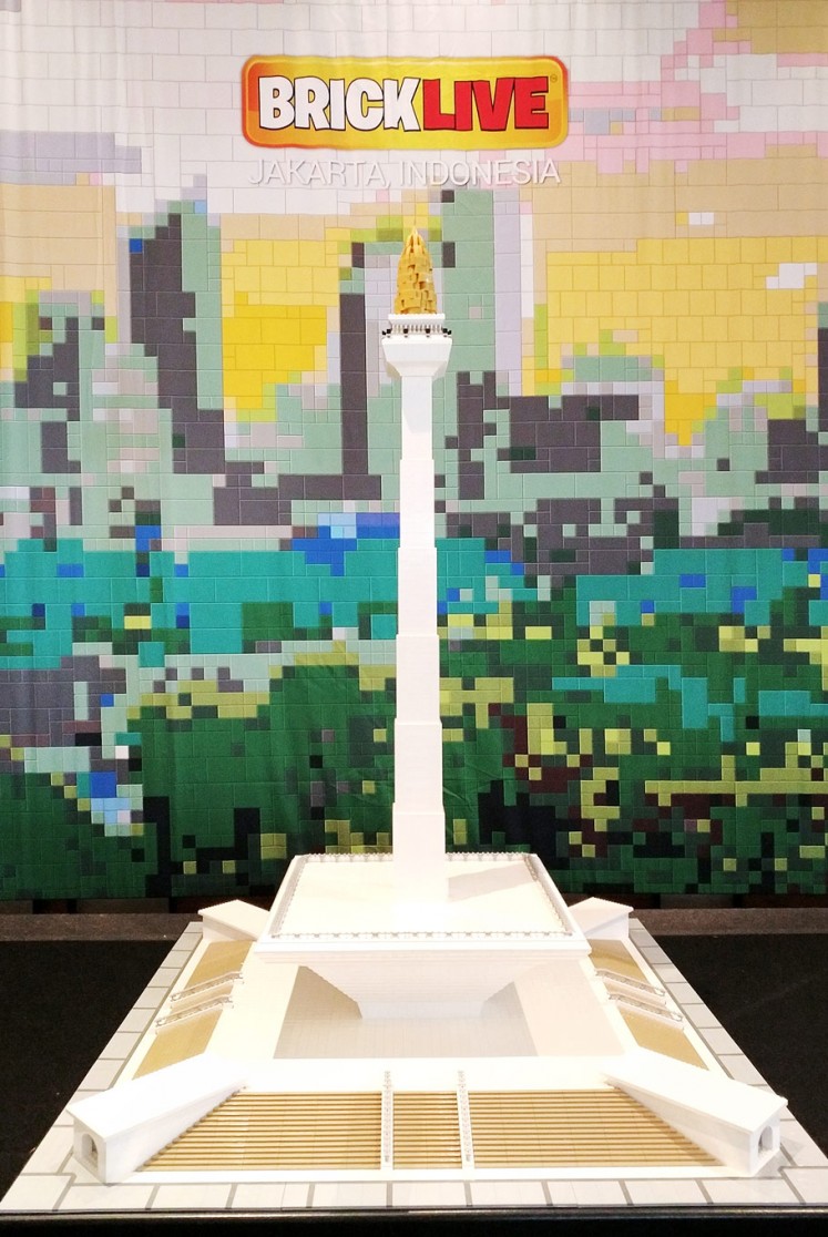 City icon: A LEGO-constructed miniature of the National Monument (Monas) is displayed during BRICKLIVE at Pantai Indah Kapuk, North Jakarta, on Thursday. The first-ever BRICKLIVE event in the city will run until June 17. 