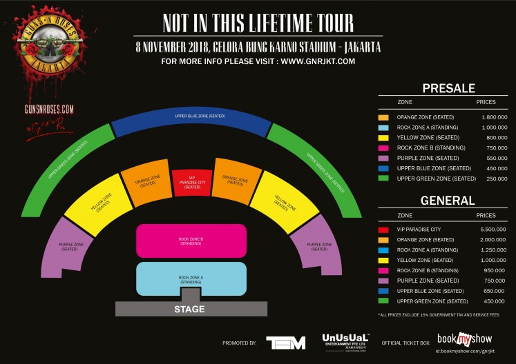 Venue layout and ticket prices for Guns N' Roses 'Not In This Lifetime' Tour in Jakarta, November 8.